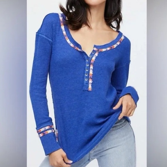 Free People Henley shirt medium NeW We The Free Royal Blue Knit Top soft - Picture 1 of 6